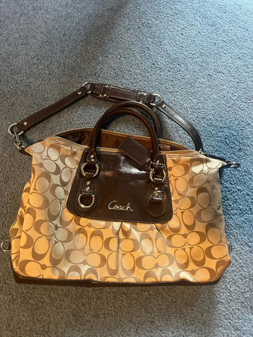 Coach Two-Tone Signature Shoulder Bag in Tan and Brown